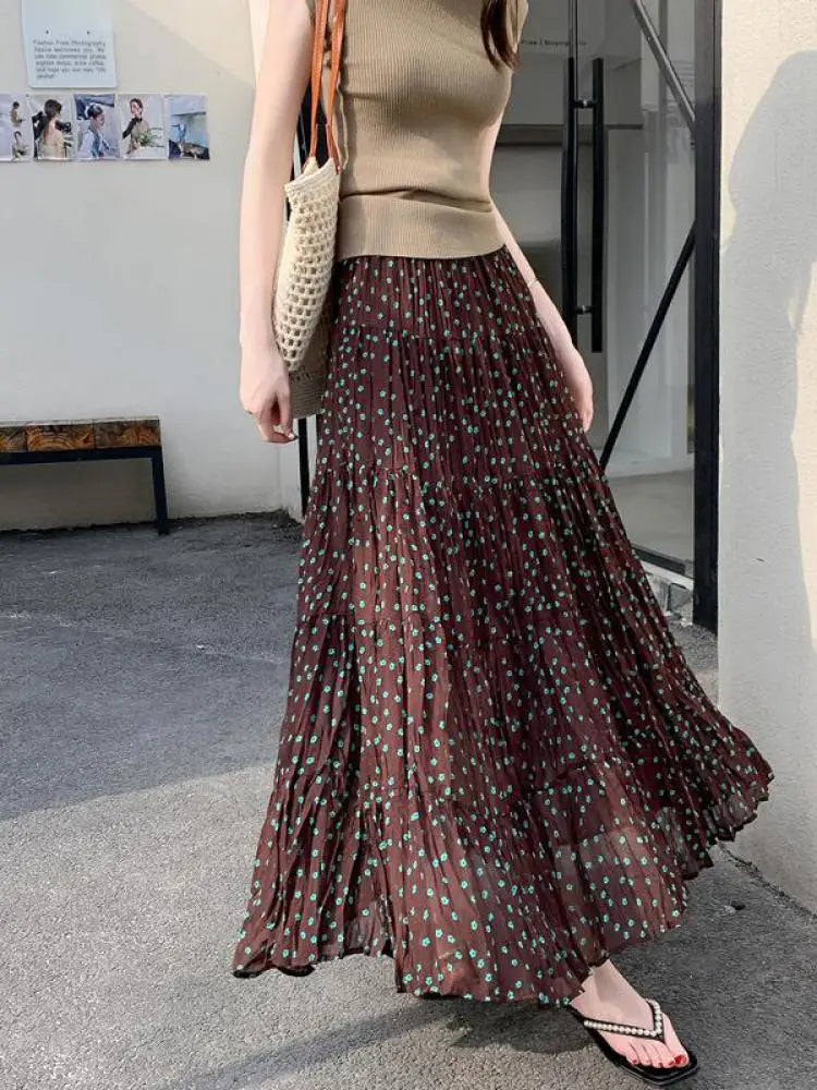 Spring Summer Korean Fashion Brown Dot High Waisted Vacation Long Skirt Women Vintage Elegant Versatile Pleated Skirt Streetwear