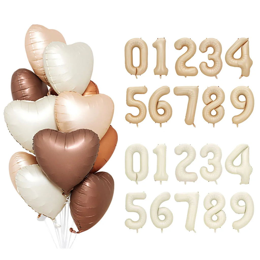 10/5/1Pc Brown Beige Cream 18inch Heart Balloons Cream Number Balloons 1 2 3 4 5 6 Birthday Number Foil Balloon Helium Air Globo