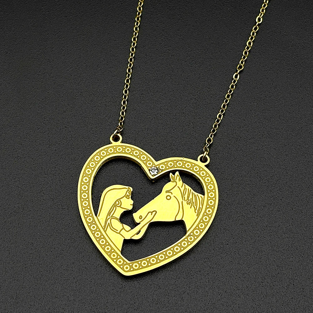 Girl Princess Horse Heart Chain For Women Men Stainless Steel Gold Color Pony Love Animal Fashion Pendant Necklace Jewelry Gifts