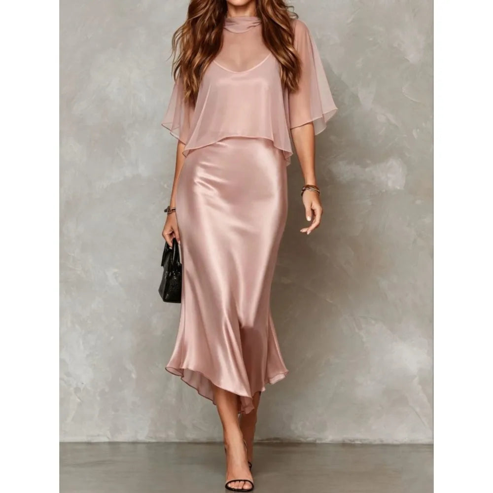 Elegant Women's Chiffon Cape Top Satin Mermaid Dresses Fashion