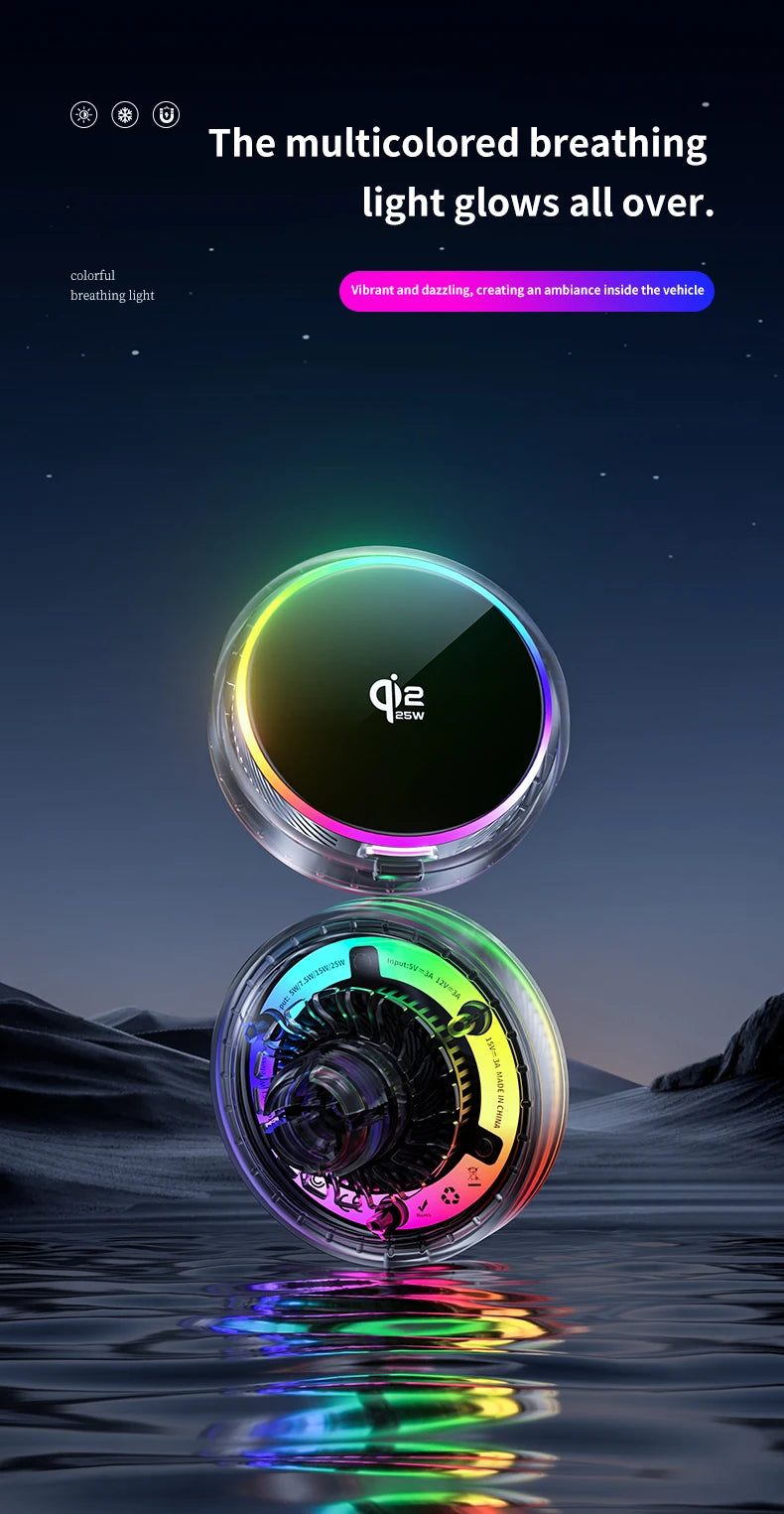 Car Magnetic Wireless Charger Qi2.2 25W Air Cooling RGB Light  Phone Holder For Magsafe iPhone 17 16 15 14 13 12 Fast Charging