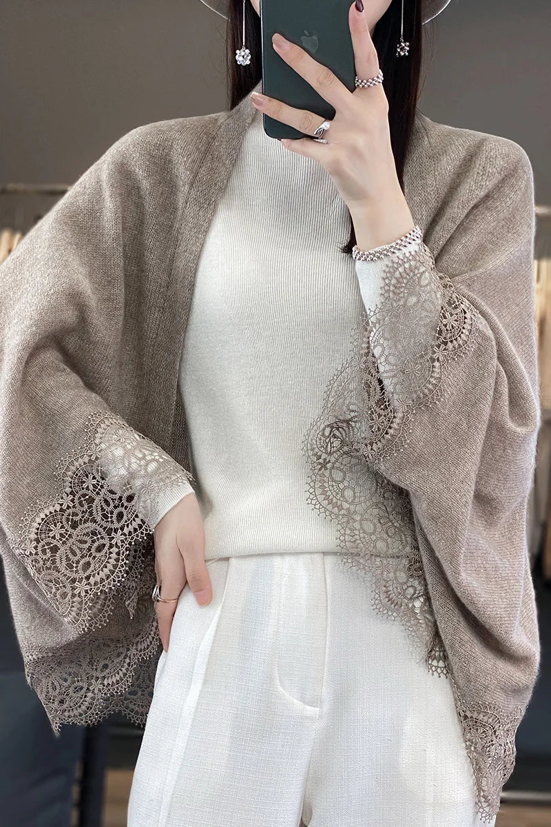 Popular Lace Edge 100% Wool Knitted Shawl Spring Autumn Thin Women's Soft, Skin friendly, Breathable, and Fashionable Cardigan