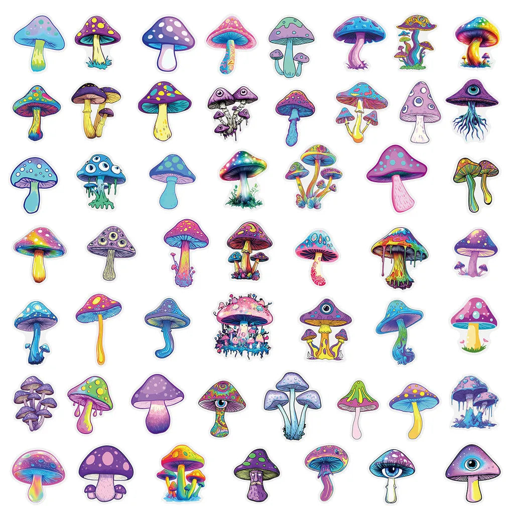 50 Pcs Transparent Iridescent Mushroom Stickers - PET Decorative Decals for Notebooks, Phone Cases, Tablets, Motorcycle