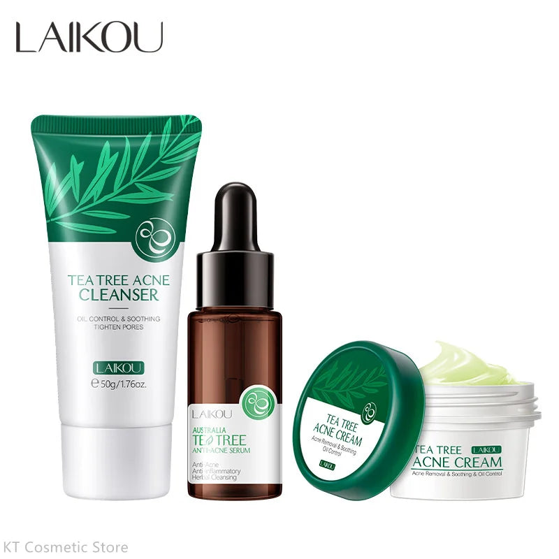 LAIKOU Tea Tree Serum 17ml Anti-Acne Cream 20g Cleanser 50g Plant Extract Refreshing Hydrating Moisturizing Skin Care Set Beauty