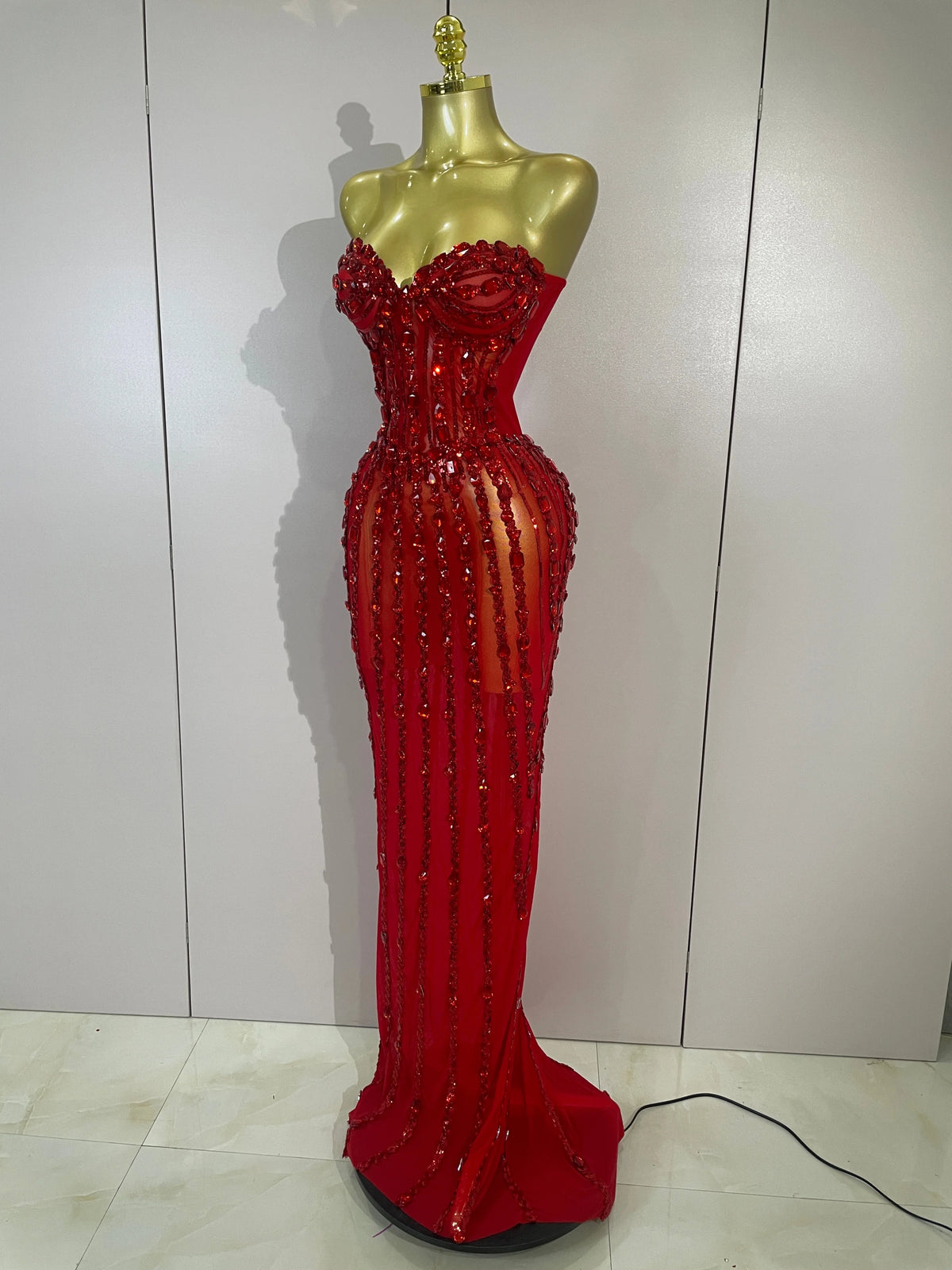 Sexy Red Strapless Mesh See Through Long Dress Evening Party