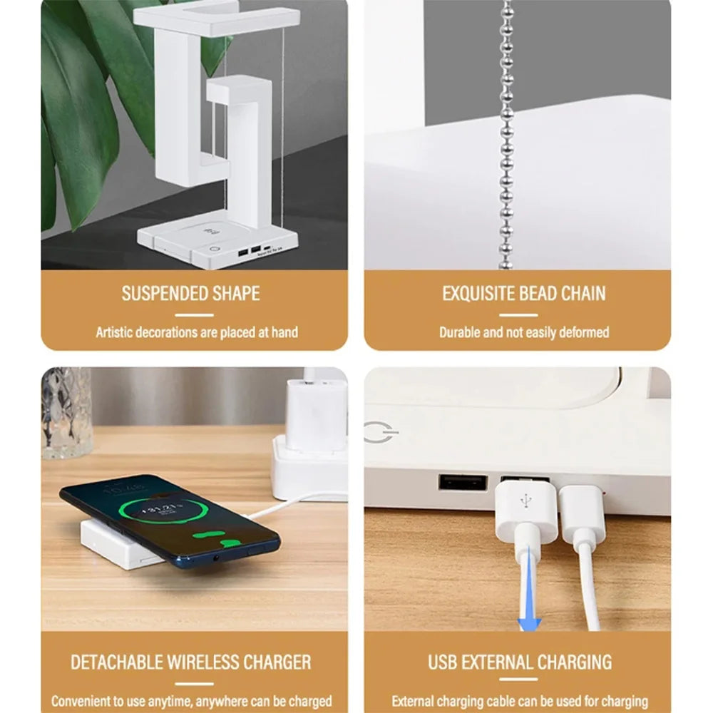 Novelty floating lamp with 10 W detachable wireless charger decorative light for bedroom/office