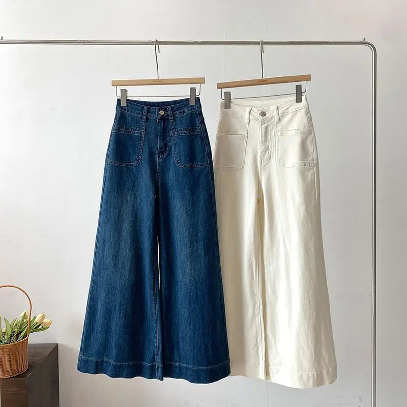 Korean Style White Denim Wide Leg Pants Women Autumn New High Waist Fashion Pockets Straight Trousers Casual Loose Denim Pants