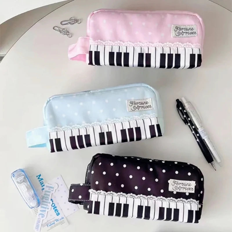 Kawaii Polka Dot Piano Key Print Pencil Case With