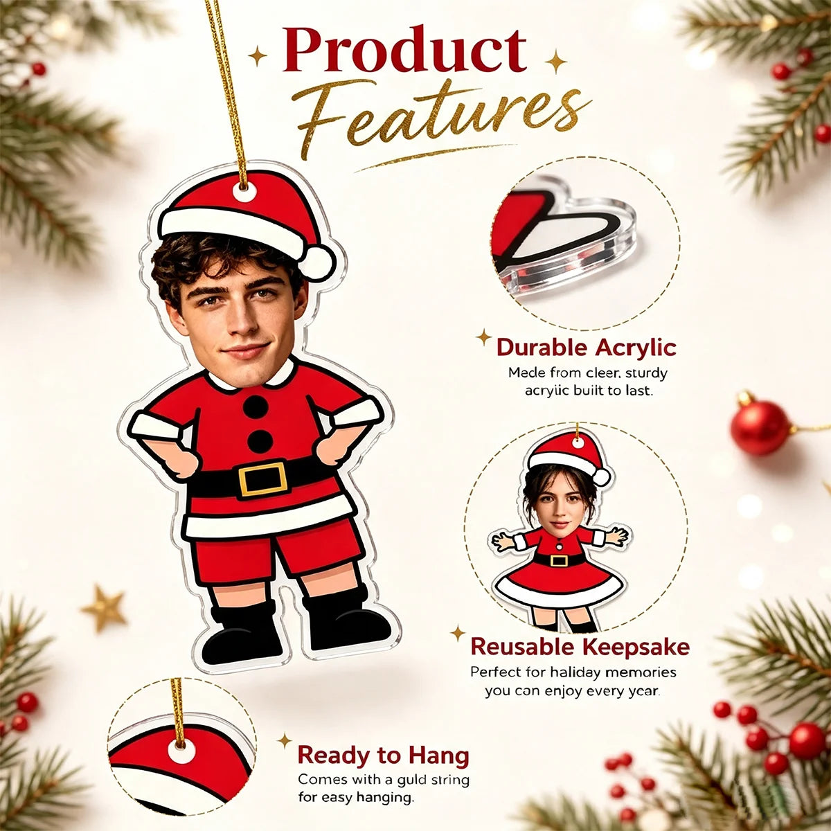 Custom Photo Face Christmas Ornament, Festive Cartoon Acrylic Hanging Decor, Personalized Holiday Party Supply