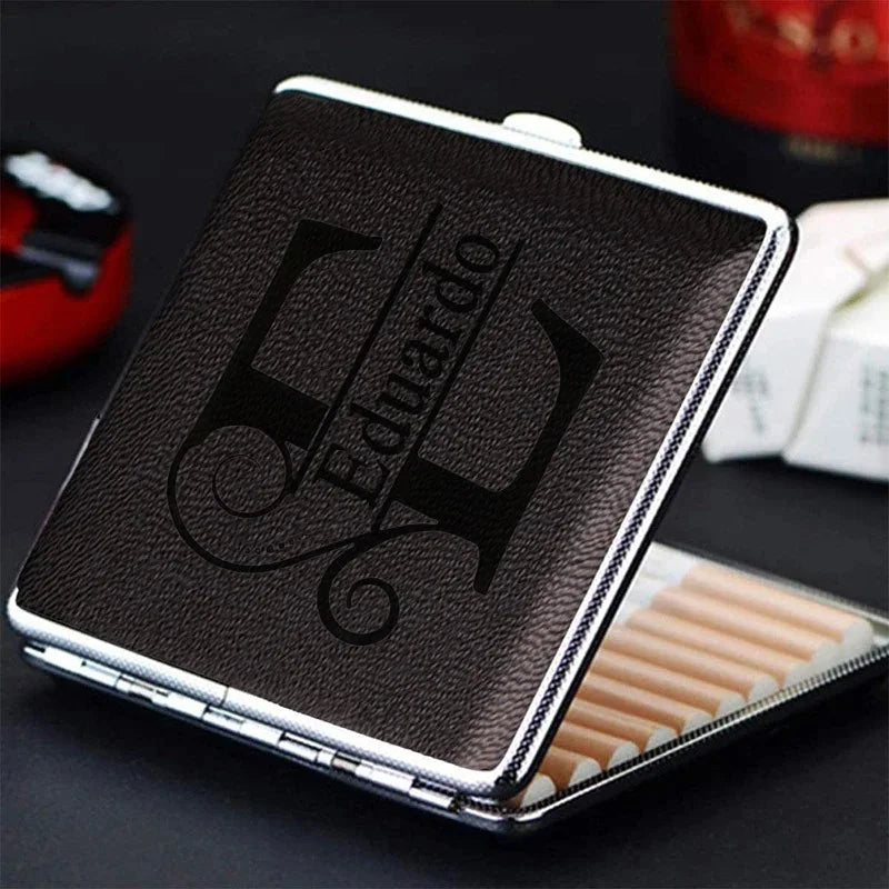 Personalized Name Leather Surface Storage Metal Cigarette Box 20pcs Cigarette Men's Smoking Accessories Waterproof Cigarette Box