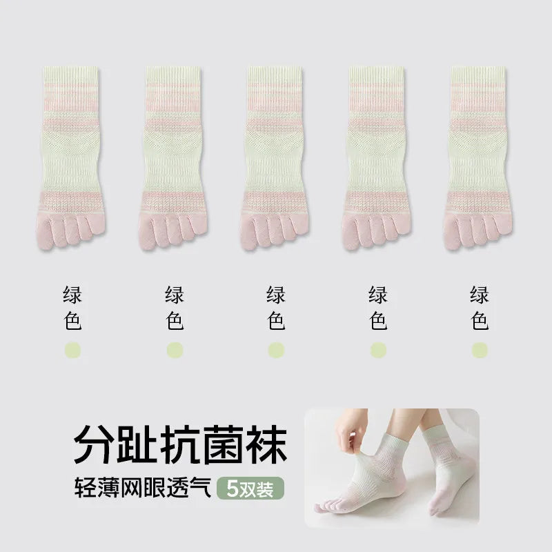 100% Cotton Five Toe Socks for Women - Breathable Striped Crew Socks, Comfy No Blister Toe Socks for Daily Wear