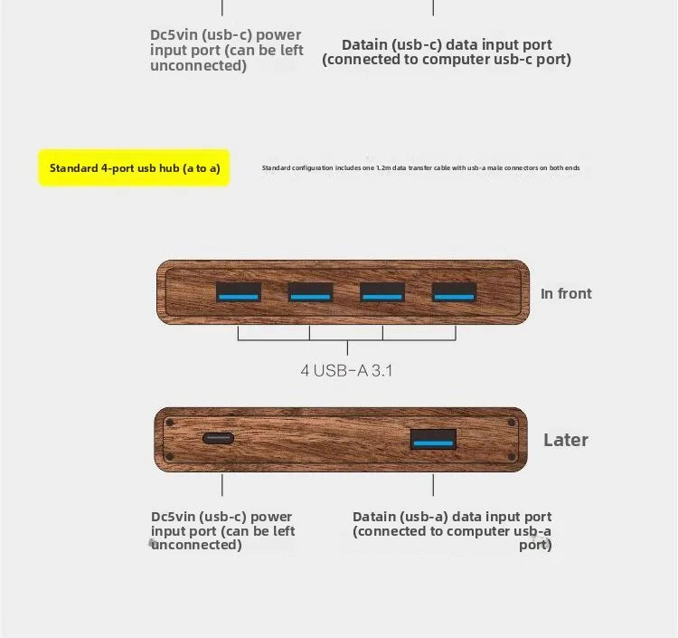 Black Walnut Wood USB Hub Under Desk Organizer Premium Desktop Riser Accessory with 3.0 Ports Multi-Device Charging Station