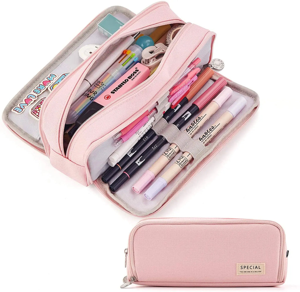 Kawaii Pencil Case Large Space Storage 3 Compartment Pouch Double Side Opened Student Stationery Desk Organizer School Supplies