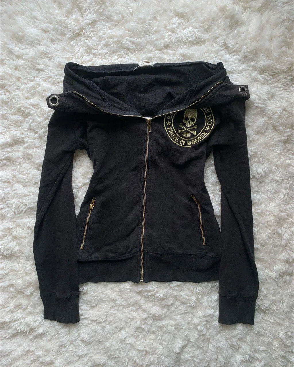 White Womens Autumn Winter Jacket Y2K Gothic Emo Slim Fit Sweatshirt Rivet Zipper Hoodie Harajuku Vintage Skull Graphic Print