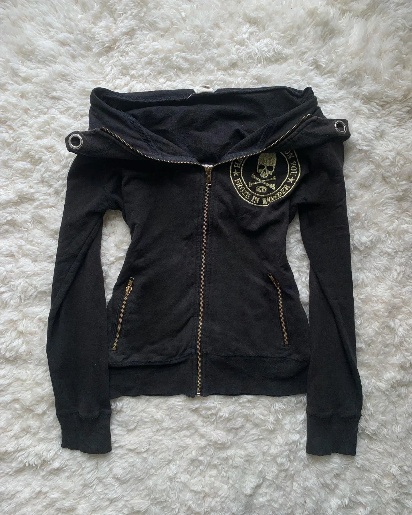 White Womens Autumn Winter Jacket Y2K Gothic Emo Slim Fit Sweatshirt Rivet Zipper Hoodie Harajuku Vintage Skull Graphic Print