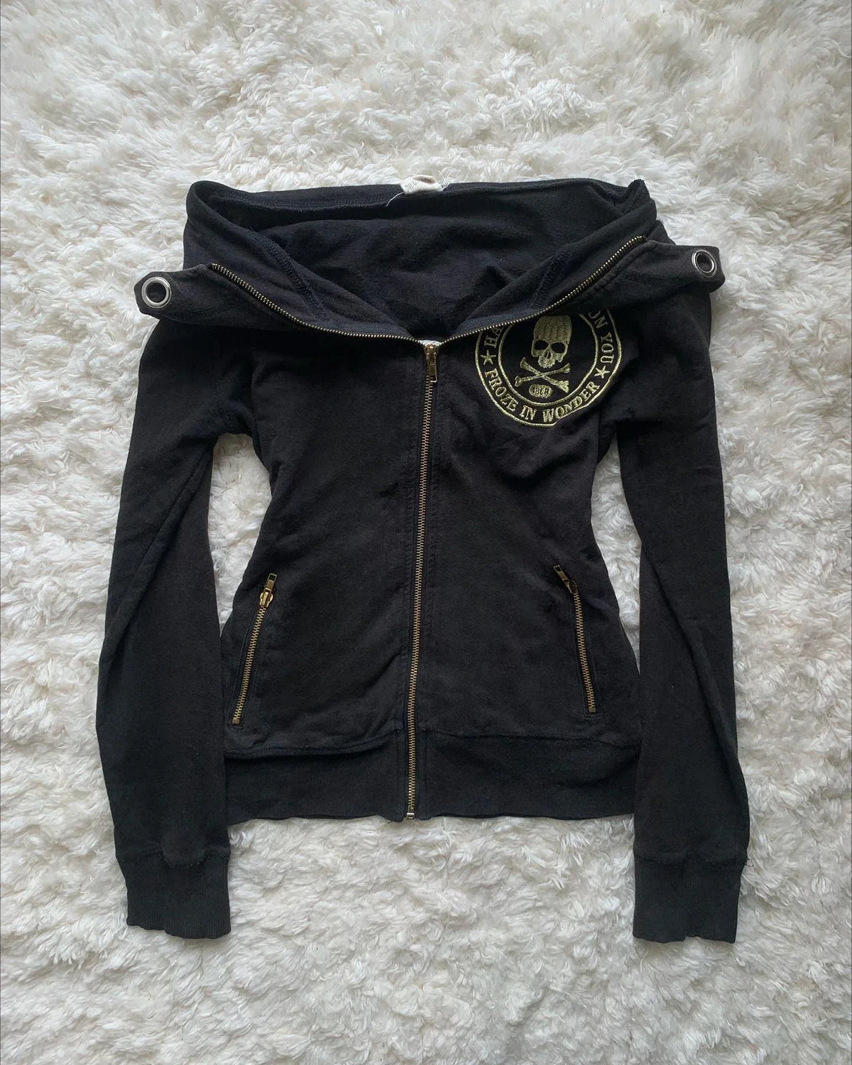 White Womens Autumn Winter Jacket Y2K Gothic Emo Slim Fit Sweatshirt Rivet Zipper Hoodie Harajuku Vintage Skull Graphic Print