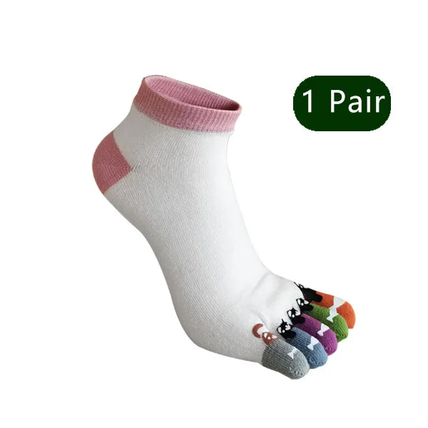 1/5 Pairs Toe Socks Women Girl Cotton White Cute Cartoon Bear Fish Print Soft Beautiful Fashions Ankle Boat Five Finger Socks