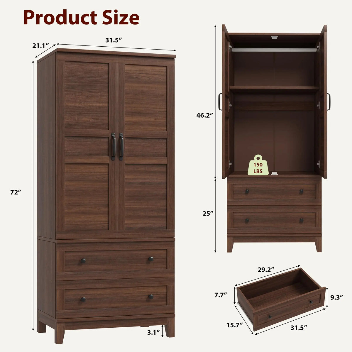72" Tall Wooden Wardrobe Closet with 2 Drawers Adjustable