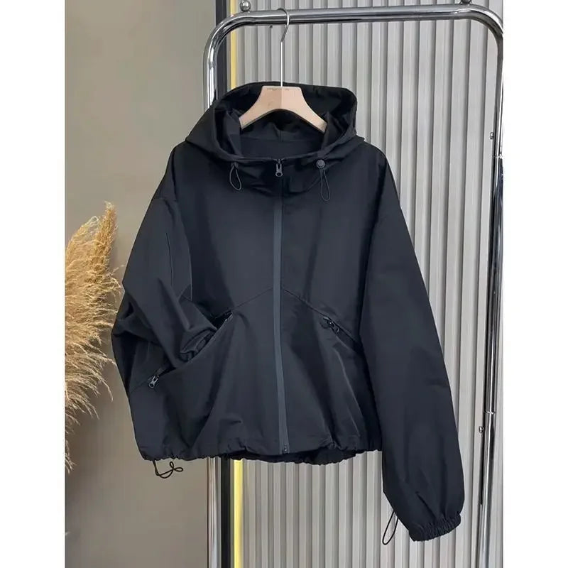 Korean black jacket jacket women's spring and summer new high-end fashion design temperament casual hooded jacket top.