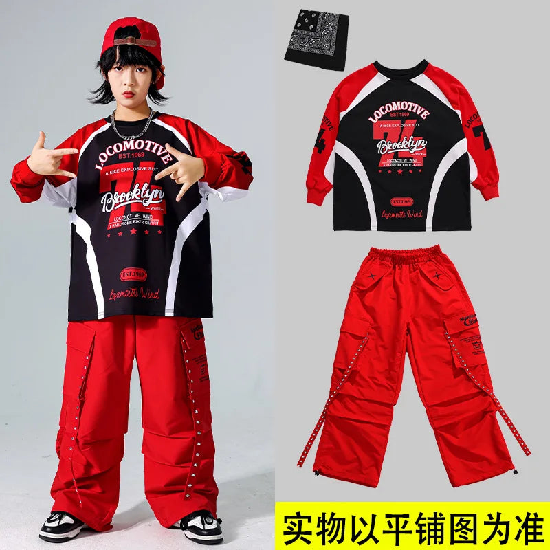 Boys Hip Hop Cool Sweatshirt Vest Cargo Pants Girls Fashion Jazz Street Dance Costume Children Clothes Set Kids K-pop Streetwear