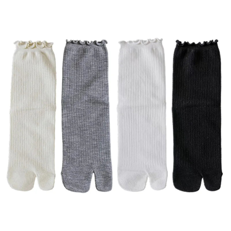 Japanese Ruffled Edge Cotton Split Toe Socks Solid Color Two-Toed Sock Unisex Harajuku Simple Tabi Socks High Elastic Hosiery