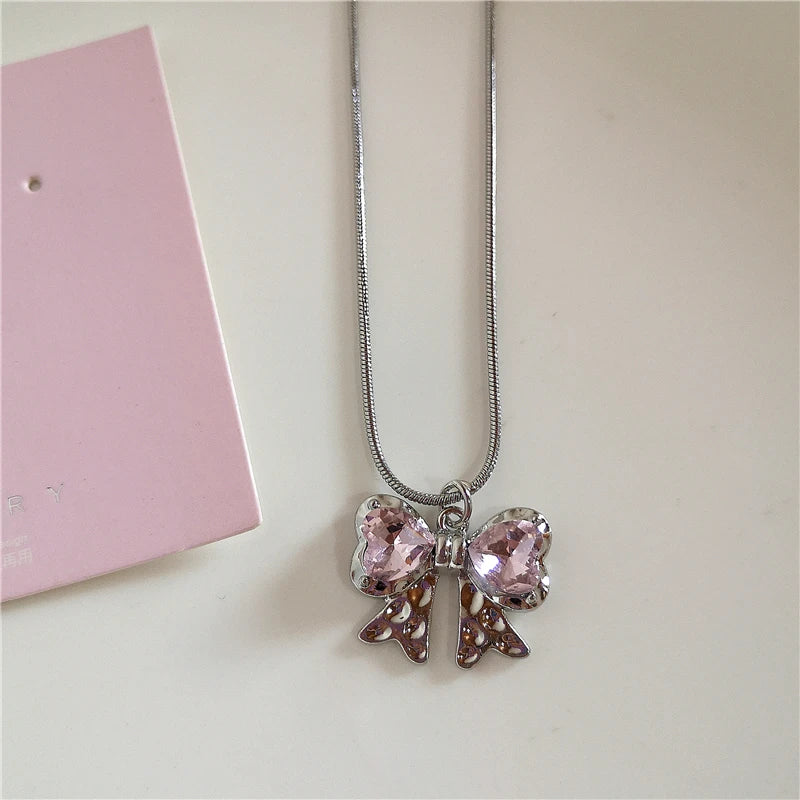 Kpop Vintage Pink Heart Bowknot Pendant Stainless Steel Snake