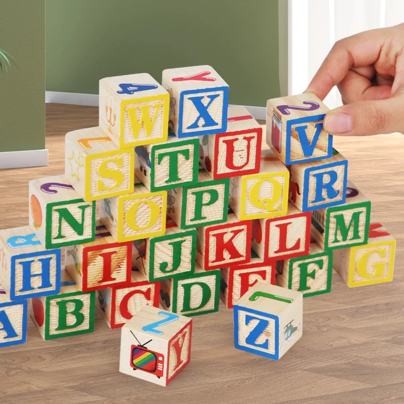 Wooden Printed Block Toy English Letter Digital Cartoon Cognition