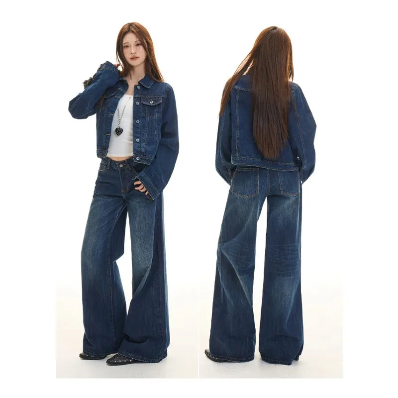OIQERE Women Classic Dark Denim 2‑Piece Set Y2K Streetwear Lapel