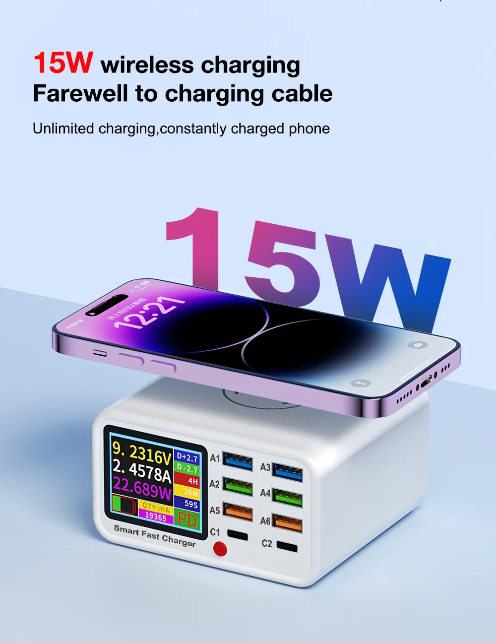 Unew Multifunction USB C Fast Charger 8 Port Desktop Charger Type C PD3.0 PPS QC3.0 15W Fast Wireless Charger for MacBook Phone