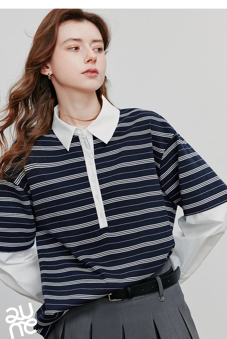 TOYOUTH Women Hoodies Sweatshirt 2025 Autumn New Spliced Fake Two Piece Polo Collar Striped Casual Pullover Tops