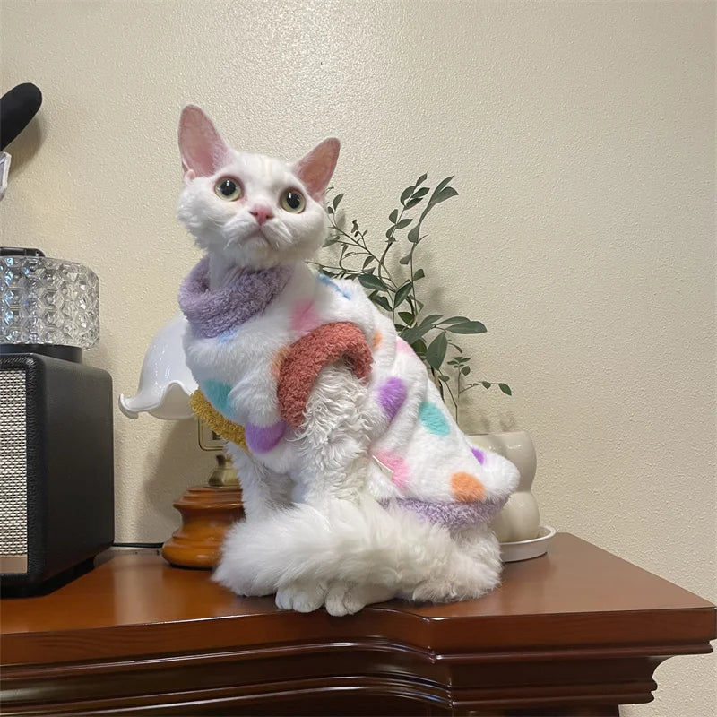 Thick Vest With Polka Dot for Devon Rex in Winter Warm Cmfortable Fleece Sweatshirt for Sphinx Cat Sweet Party Costumes for Pet