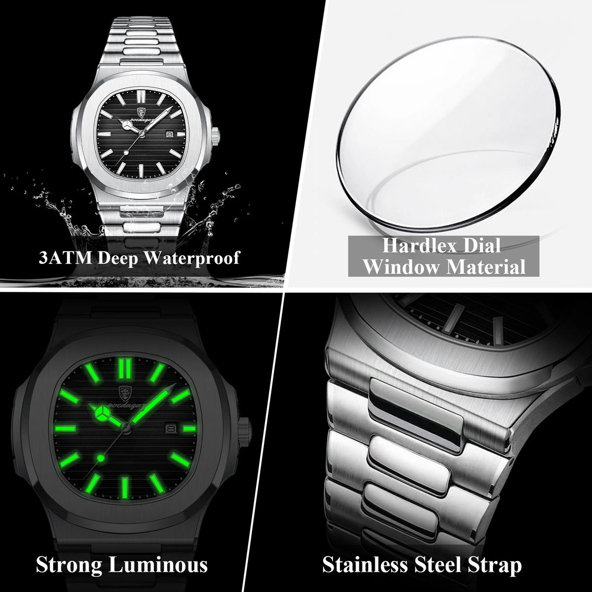 Poedagar Square Luxury Men Wristwatch Waterproof Luminous Date High