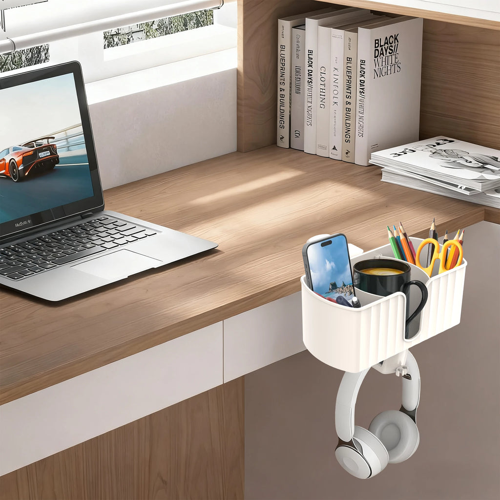 4-in-1 Desk Organizer - Under Desk Cup Holder and Headphone Hanger with 2 Wire Holes - Rotating Hanger，for Cup, Phone and Pen