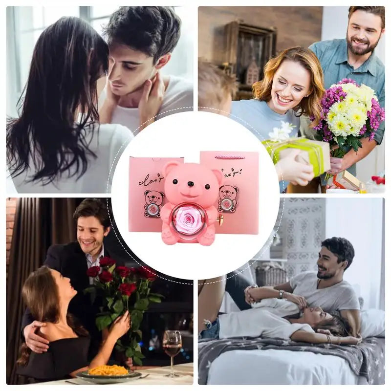 Bear Necklace Case Romantic Bear and Rose Jewelry Box Hug Bear Decoration Necklace Box Rose and Rotating Bear Case with Double