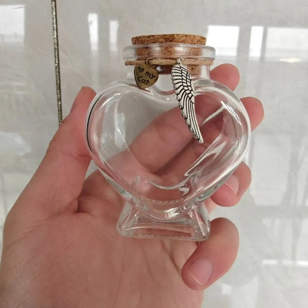 Heart-Shaped Pet Hair Storage Bottle Glass Corked Lid Cat Funeral Urn Transparent Pet Fur Keepsake Jar Pet Cremation