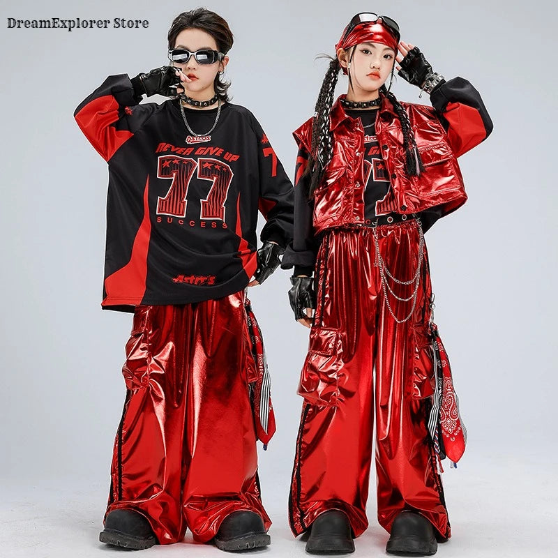 Boys Hip Hop Sweatshirt Shiny Vest Street Dance Cargo Pants Girls K-pop Clothes Set Kids Jazz Red Costumes Children Streetwear