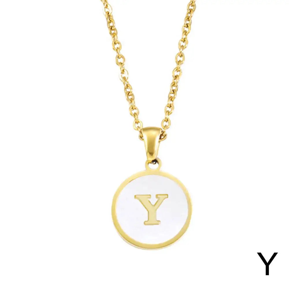 Vintage Initial 26 Letters A To Z White Shell Pendant Necklace Gold Color Steel For Women Men Choker Jewelry Necklace