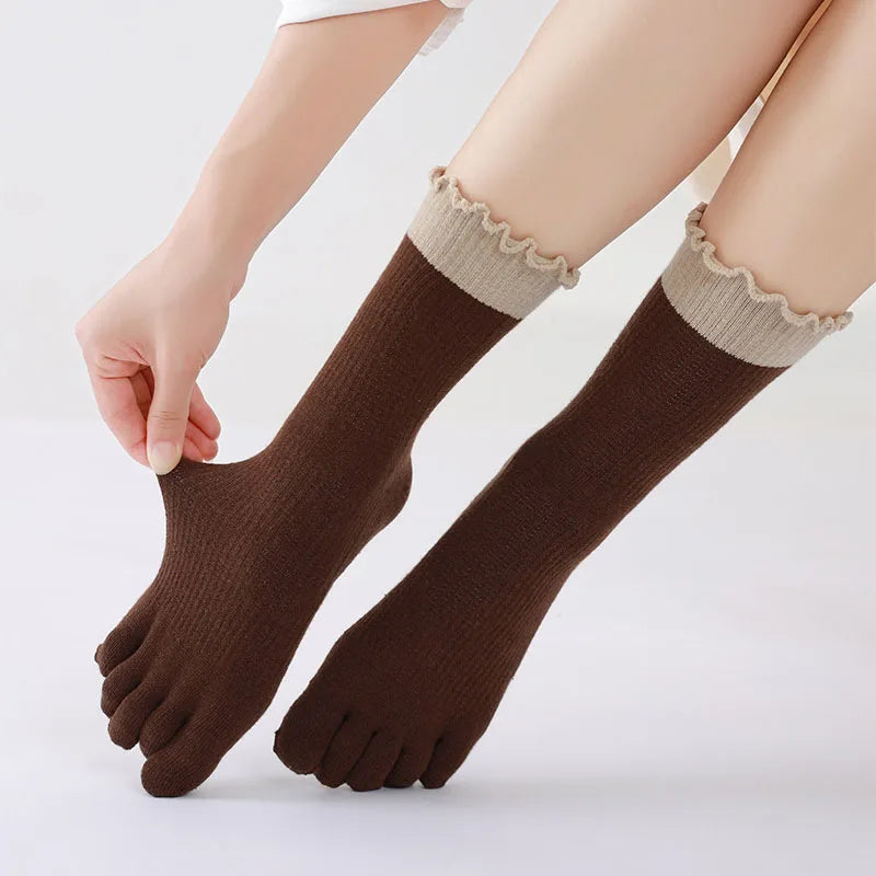 New Splicing Color Ruffle Edge Five Toe Socks For Women Sweet INS 5 Fingers Middle Tube Socks Soft Cotton Elastic Split Toe Sock