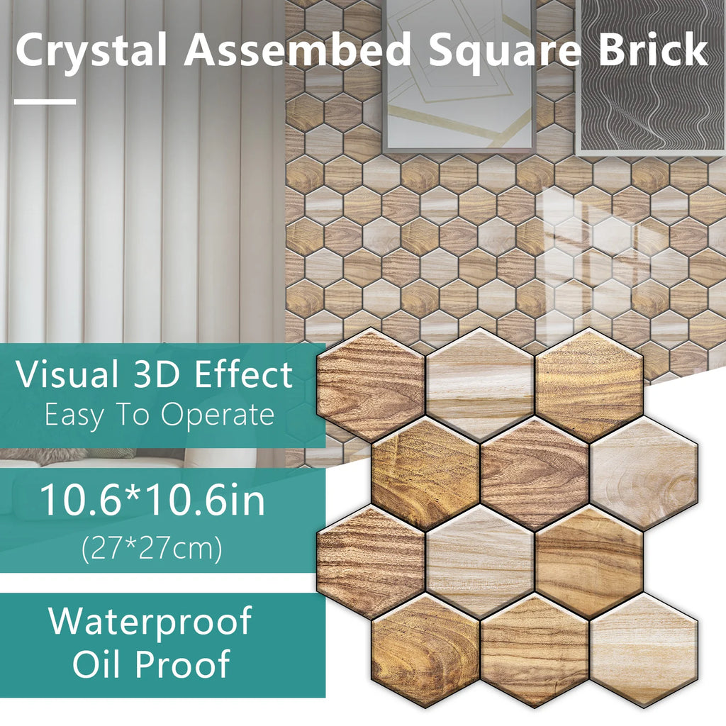 5 Styles Flat Hexagon Marble Embossing Tile Wall Stickers Oil-Proof Kitchen & Bathroom Washbasin Glossy Surface Decorative Mural