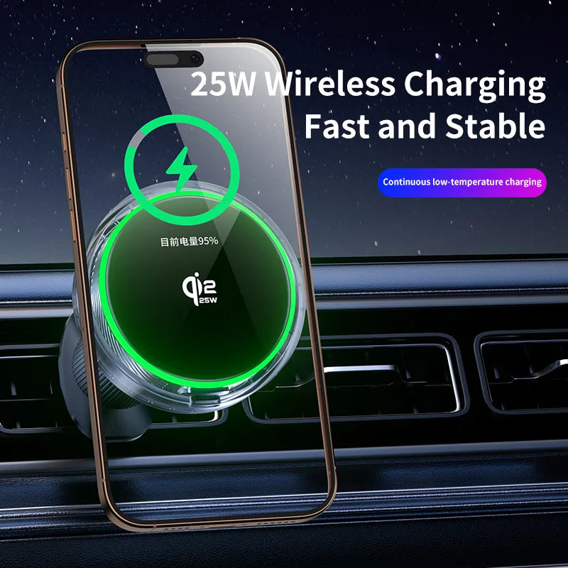 Air Cooling Car qi2 25W Magnetic Wireless Charger RGB Light  Phone Holder For Magsafe iPhone 17 16 15 14 13 12 Fast Charging