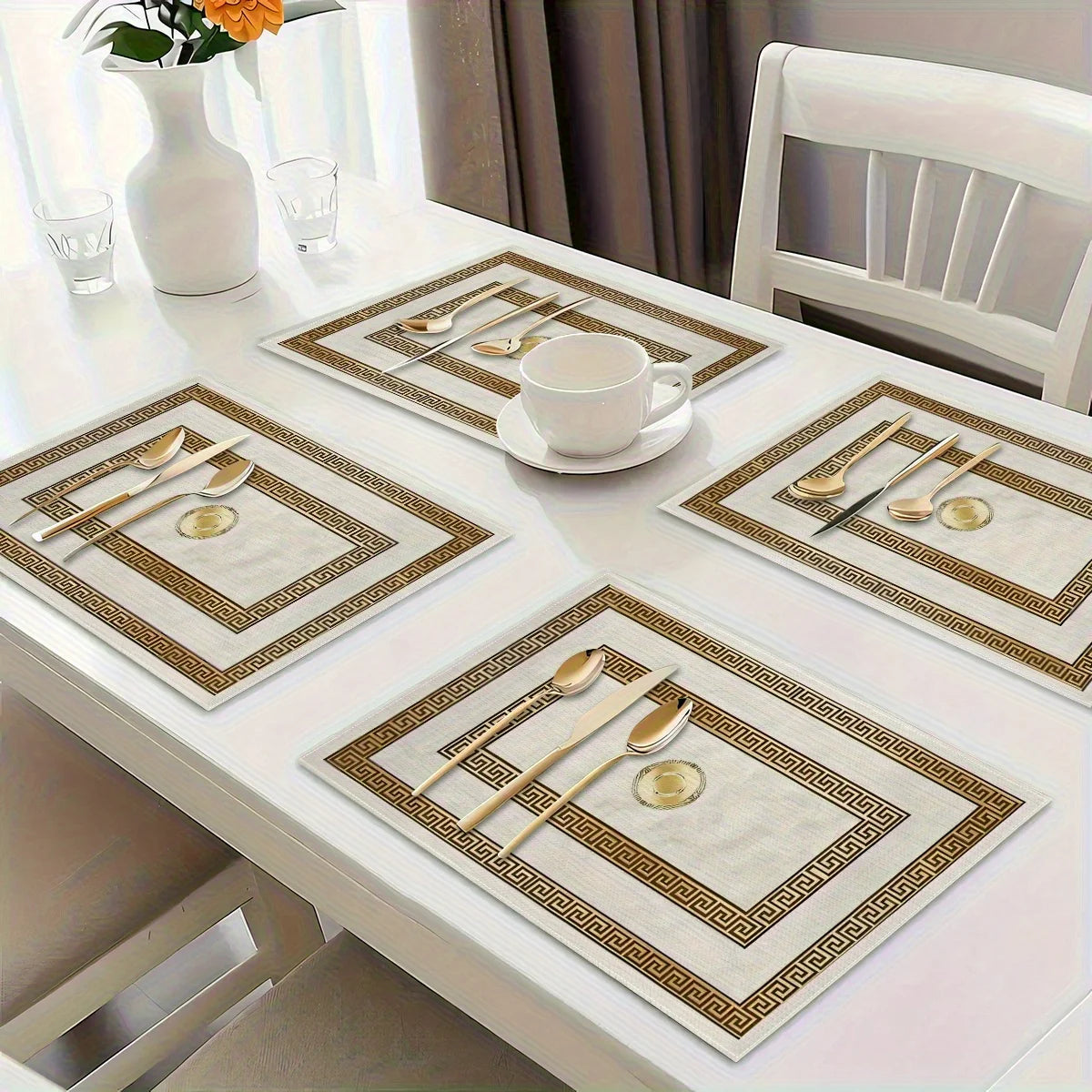 Gold Geometric Linen Placemats, Non-Slip
