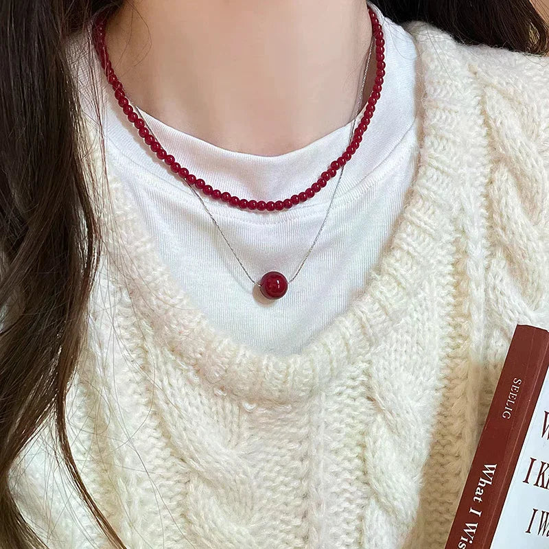 Vintage Red Beaded Necklaces For Women Chinese Style Glass Beads Necklace Exquisite Elegant Choker Aesthetic Jewelry Accessories