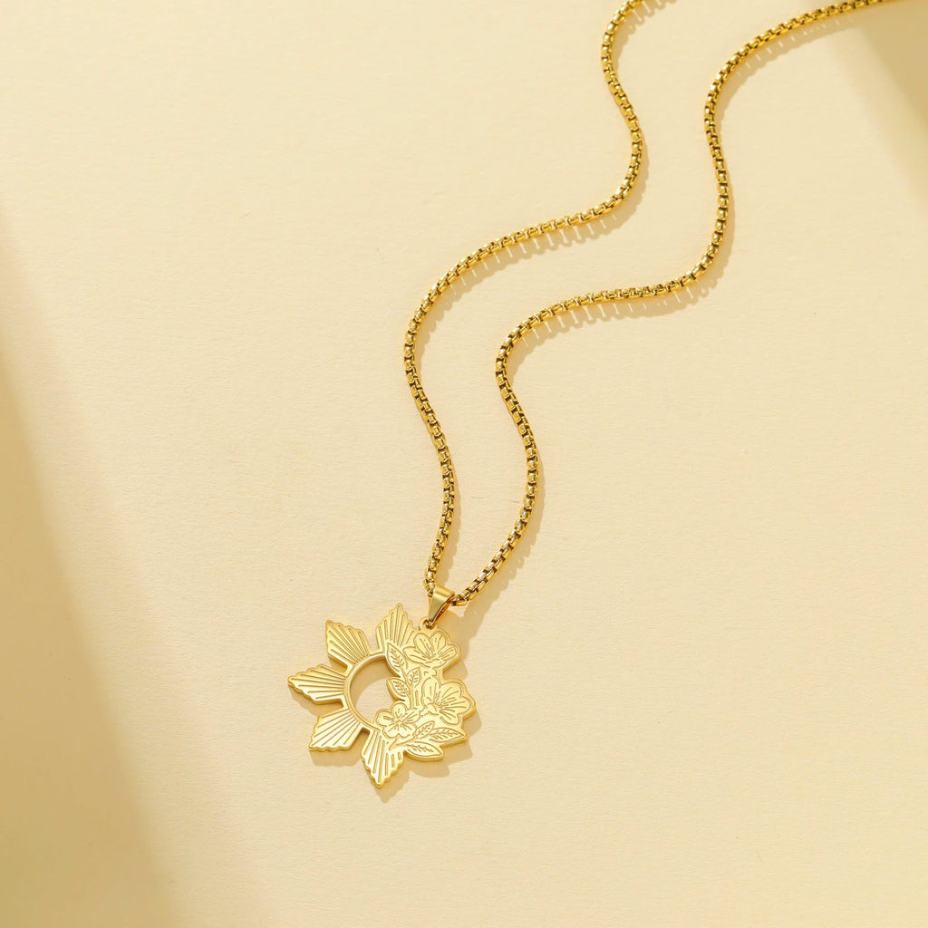 Unift Philippine Sun and Sampaguita Flower Necklace Stainless Steel Choker for Women Men National Symbol Sampaguita Jewelry Gift