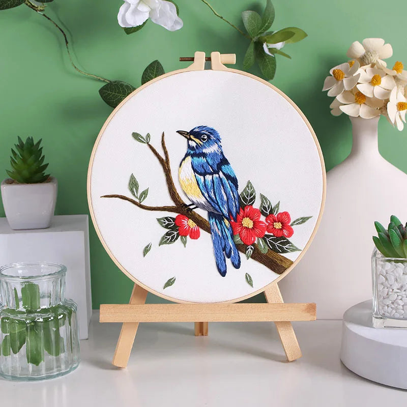 Bird Flower Chinese Wind Embroidery Kit with Instruction Needle Cloth with Pattern for DIY Craft Kit Home Decor
