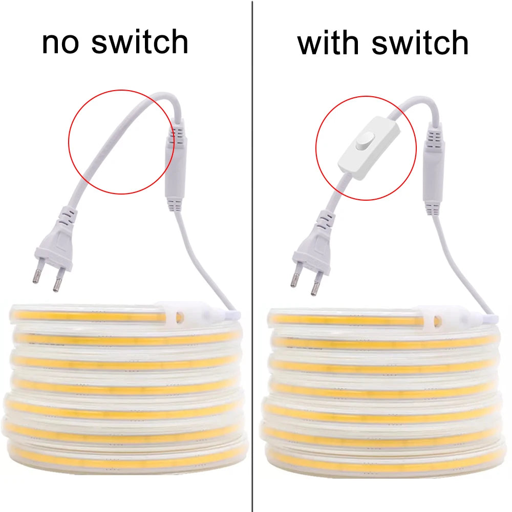 COB LED Strip Light 220V EU Plug High Brightness Flexible Ribbon Tape 220V Led Strip For Home Kitchen Lighting