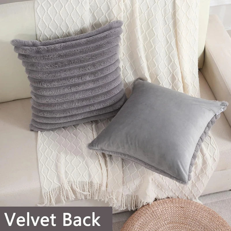 Artificial Rabbit Fur Square Cushion Cover Simple Stripe Super Soft Pillowcase 45x45 Cm Sofa Decorative Cushion Cover