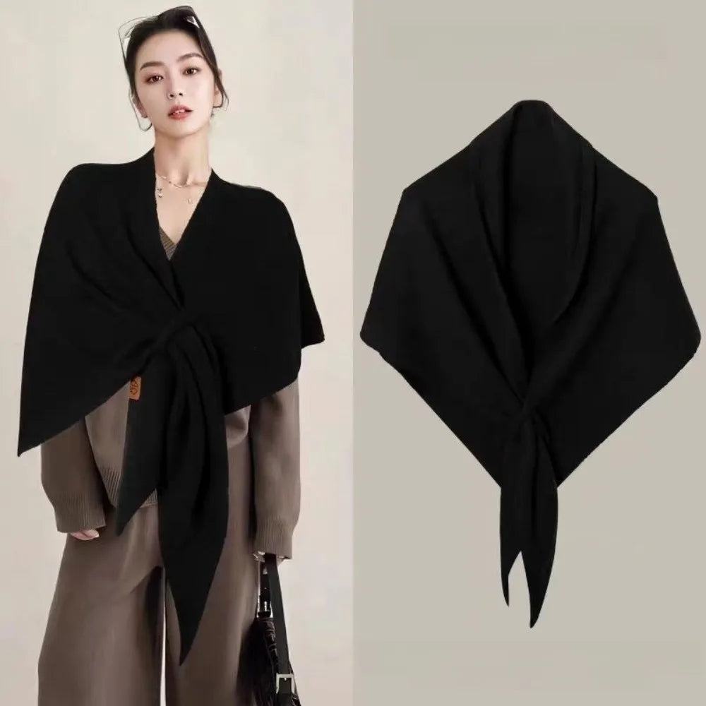 Casual Solid Color Knitted Shawl Thickened Soft Triangle Scarf Winter Warm Neck Wrap Wool Blended Shawl