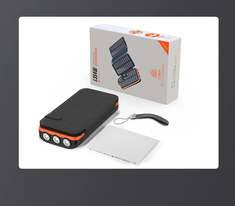 43800mAh Solar Power Bank Quick Wireless Charger External Battery Pack PD 20W Powerbank Built Cables LED Light for iPhone Xiaomi