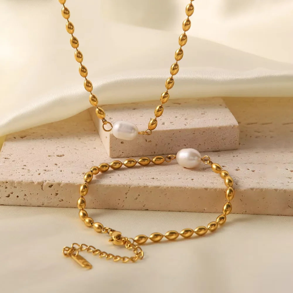 316L Stainless Steel Fashion Vintage Fake Round Pearl Beads Chain Necklace Bracelet Single Pearl Pendant Jewelry Set for Party