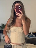 Beige Strapless Corset Shorts Set Women Y2K Sleeveless High Waist
